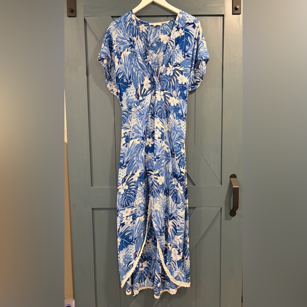 America & Beyond blue and‎ white tropical print maxi beach cover-up faux wrap XL